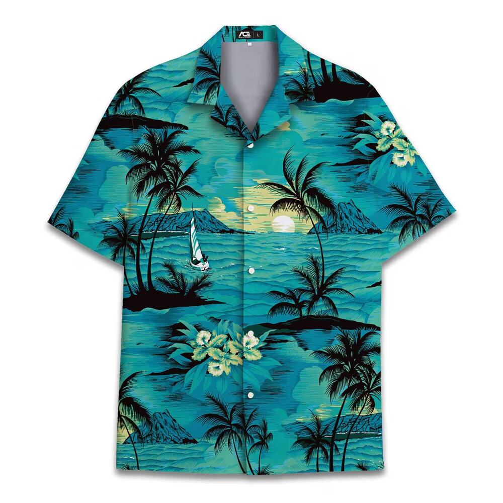 Scenic Teal Ocean Sunset Hawaiian Shirt Classic Tropical Sailboat Beach Resort